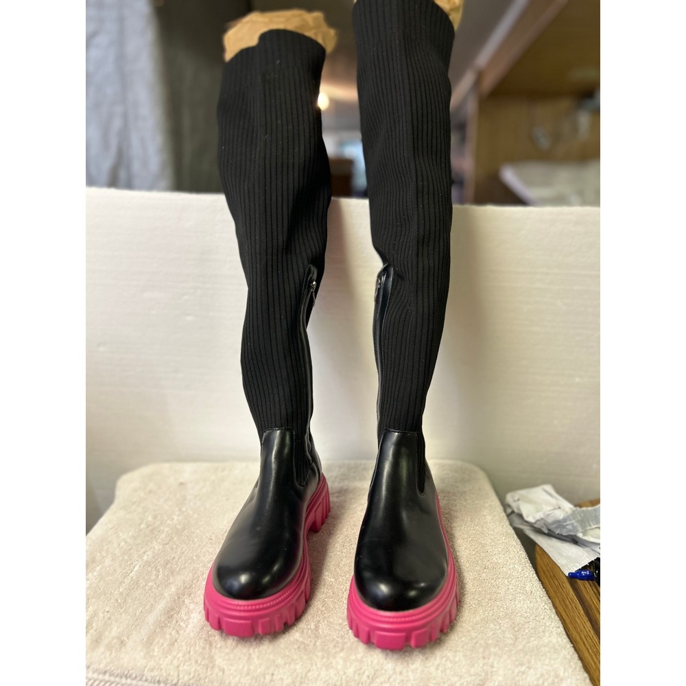 Cuccoo Black Ribbed Knit Over The Knee Sock Boots Pink Lug Sole Size 38 US 7.5
